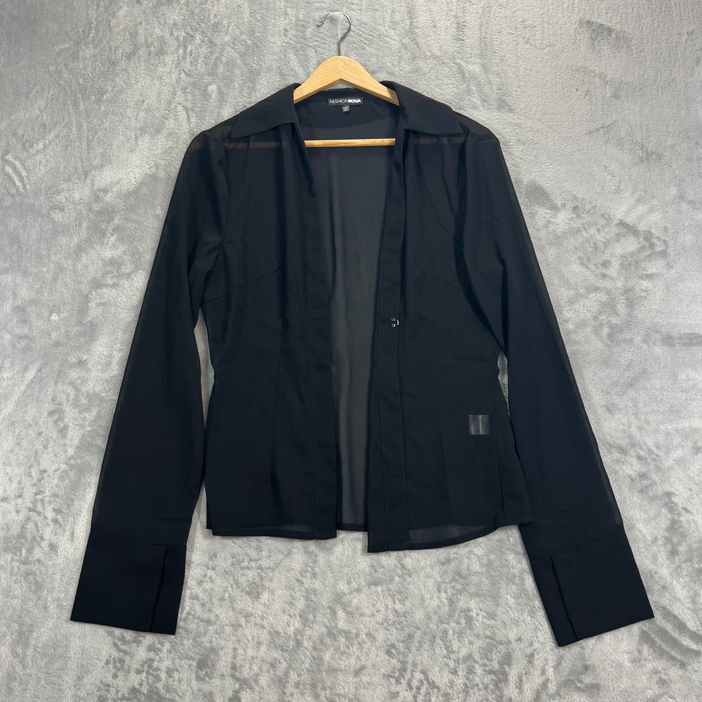 Fashion Nova Sheer Long Sleeve Shirt Womens Size M Black Collared Blouse Edgy